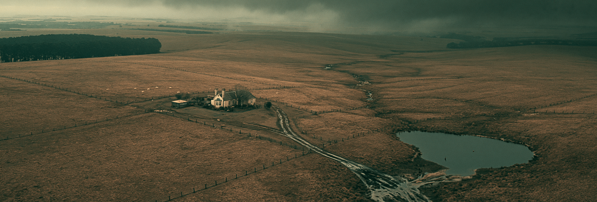 Aerial view of the Cameron farmhouse and surrounding paddocks