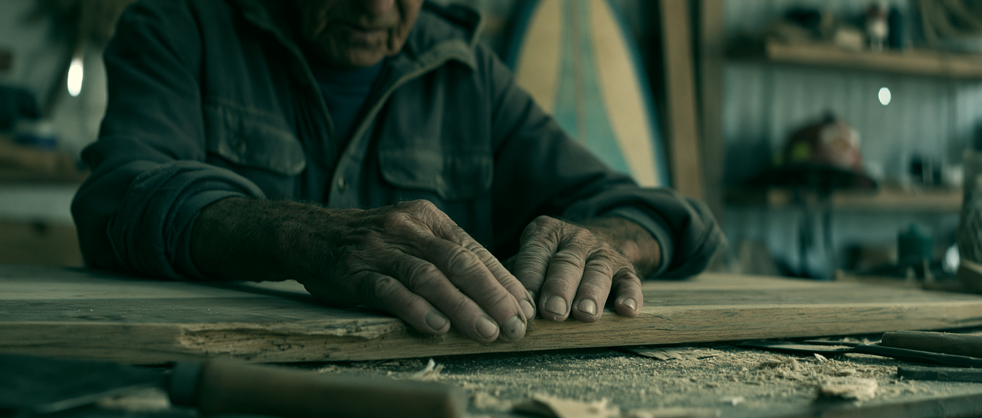 Rod Barford, elderly carpenter and surfer, working timber in his shed