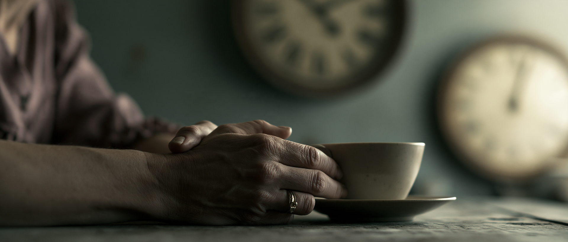 Vivienne's hands wrapped around a teacup, clocks on the wall behind